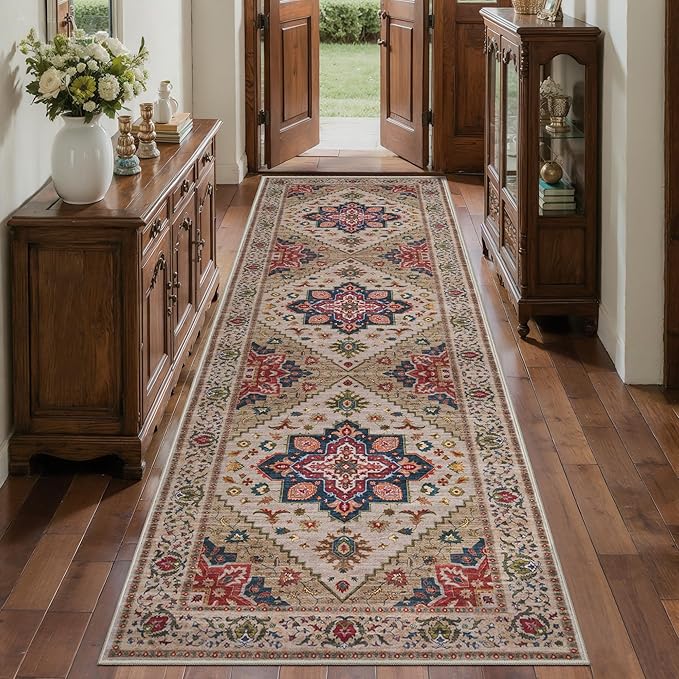 Tangsoo 2.6x8 Washable Runner Rug for Hallways, Non Slip Vintage Runner Rug, Soft Low Pile Long Rug Runner, Print Carpet Runners for Kitchen Bedroom Entryway Bathroom Living Room Beige/Blue