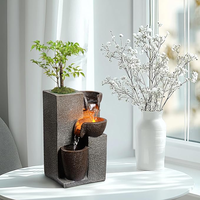 Resin Tabletop Waterfall Fountain with LED Light & Plant Pot, Indoor Desk Water Fountains for Home Office Decor (22028N)