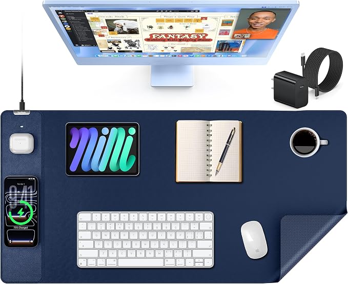 TopMade Mouse Pad with 15W Wireless Charging, XXL Large Leather Desk Mat, Waterproof Gaming Mousepad Home Office Desk Pad Protector, Blue (Includes 20W PD Power Adapter & 6.56ft Woven Cable)
