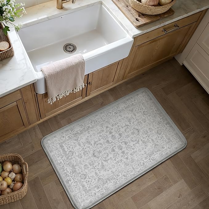 Kitchen Mats for Floor Anti Fatigue Cushioned Gray Vintage Kitchen Mats Waterproof Non Slip Comfort Standing Grey Retro Floral Rug for Sink Laundry Office Bathroom 17.3"x30"