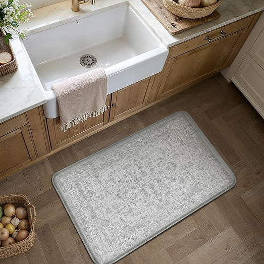 Kitchen Mats for Floor Anti Fatigue Cushioned Gray Vintage Kitchen Mats Waterproof Non Slip Comfort Standing Grey Retro Floral Rug for Sink Laundry Office Bathroom 17.3"x30"