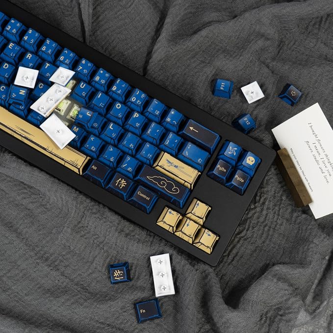 Blue Samurai Manga Japanese Themed Keycaps 130 Keys, Cherry Profile PBT Custom Key Caps Set, Dye Sublimation Keyboard Keycaps for Cherry Gateron MX Switches Mechanical Keyboard