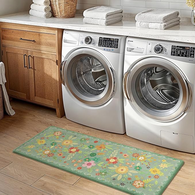 GENIMO Anti Fatigue Kitchen Mats for Floor 2PCS, Cushioned Standing Mats | 17.3"x47"&17.3"x30", Sage Green vintage floral rug set, waterproof, non slip, easy-clean for farmhouse