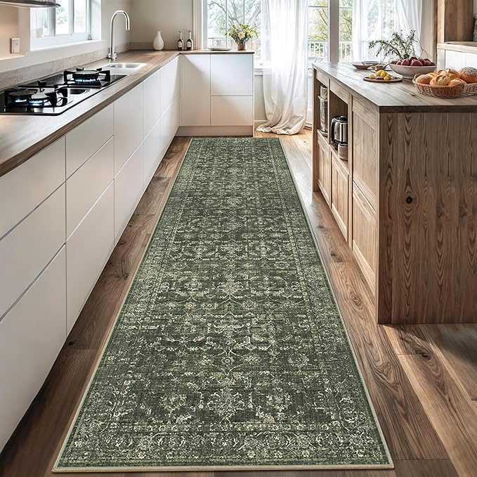 3x12 Green Runner Rug Hallway Washable Area Rugs Kitchen Vintage Boho Non Slip Long Rug Floral Carpet Indoor Retro Soft Low Pile Throw Rug for Bedroom Bathroom Laundry Dining Living Room Office