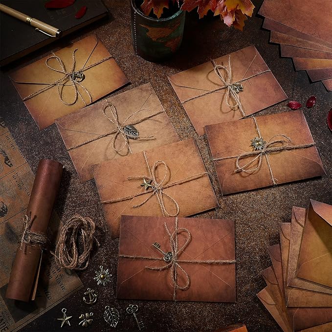 Vintage Stationary Paper and Envelopes Set, Writing Stationery Paper Letter and Envelopes Includes Sheets Antique Letter Papers, Kraft Envelopes, Retro Accessories, Rope (60 Pieces)