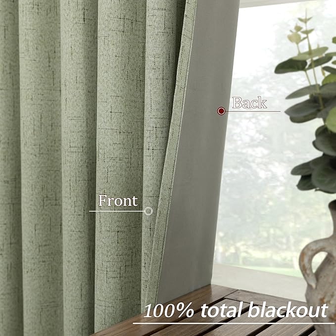 Sage Green Linen Blackout Curtains for Bedroom 84 Inch Long Black Out Pleated Thermal Darkening Light Blocking Boho Farmhouse Cottage Core Soundproof Sound Proof Curtains for Office Window Living Room