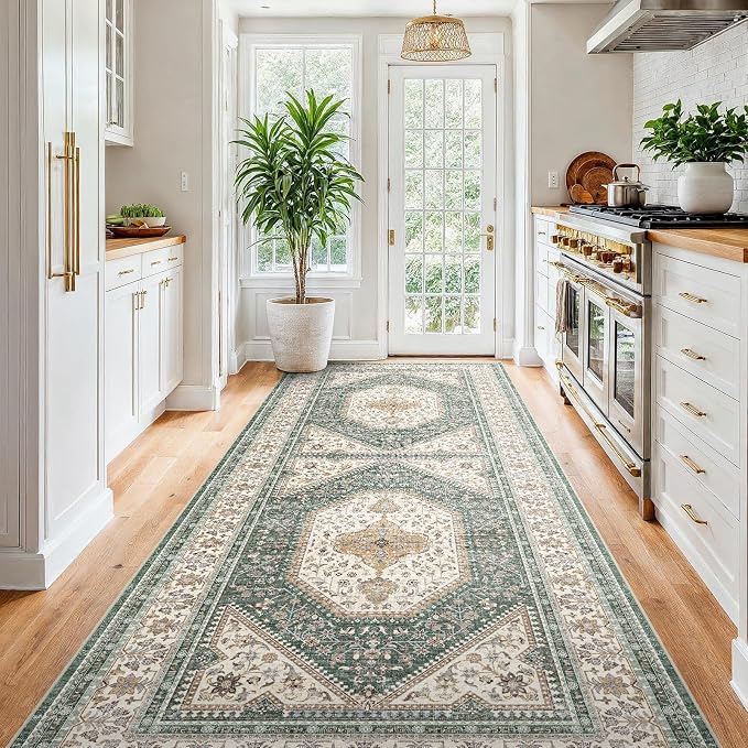 4x8 Runner Rug for Hallway Washable: Non Slip Kitchen Rugs with Rubber Backing Soft Waterproof Wide Mats Stain Resistant Low Pile Carpet for Entryway Bedroom Bathroom Laundry Home Decor Green/Beige
