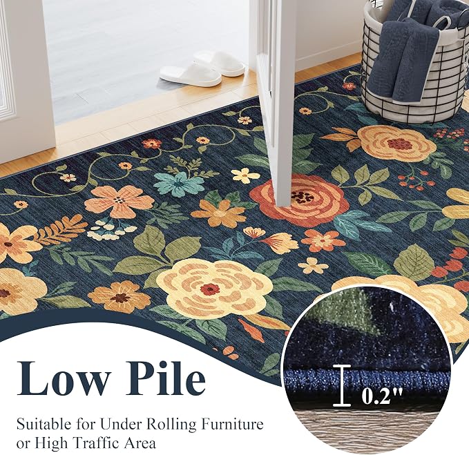DUKINO Floral Round Rug, 6ft Washable Circle Rug, Non Slip Indoor Low Pile Circle Rug, Soft Small Boho Design Carpet for Bedroom, Entryway, Living Room, Dining Room, Dark Blue