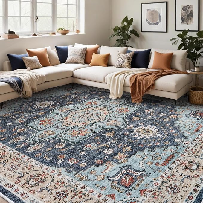 TOPRUUG Washable Oriental Area Rug - 12x15 Rugs for Living Room Soft Carpet for Bedroom Waterproof Floral Distressed Indoor Stain Resistant Non-Shedding Floor Carpets (Blue/Teal/Orange, 12x15)