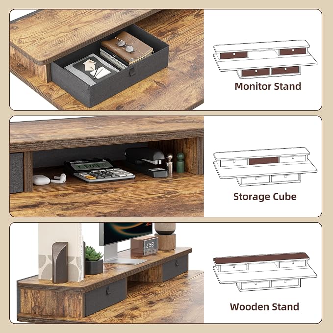 TIQLAB 48 * 28 Inch Standing Desk with Four Drawers, Electric Sit Stand Table, Stand Up Desk Adjustable Height with Storage Shelf, Splice Board, Rustic Brown