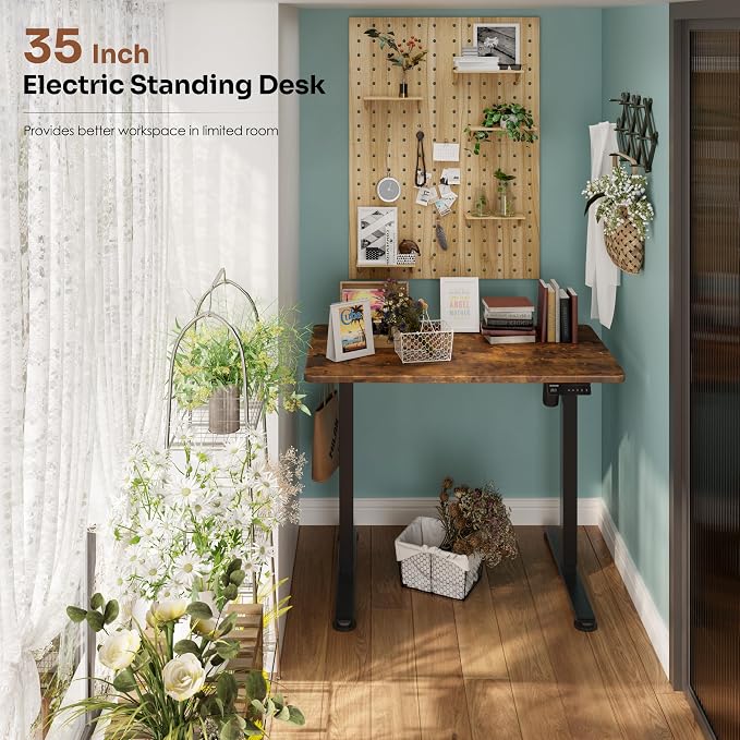 Monomi Small Electric Standing Desk, 35" x 24" Whole Piece Height Adjustable with Memory Controller, Sit to Stand Desk Workstation for Home Office,Rustic Brown