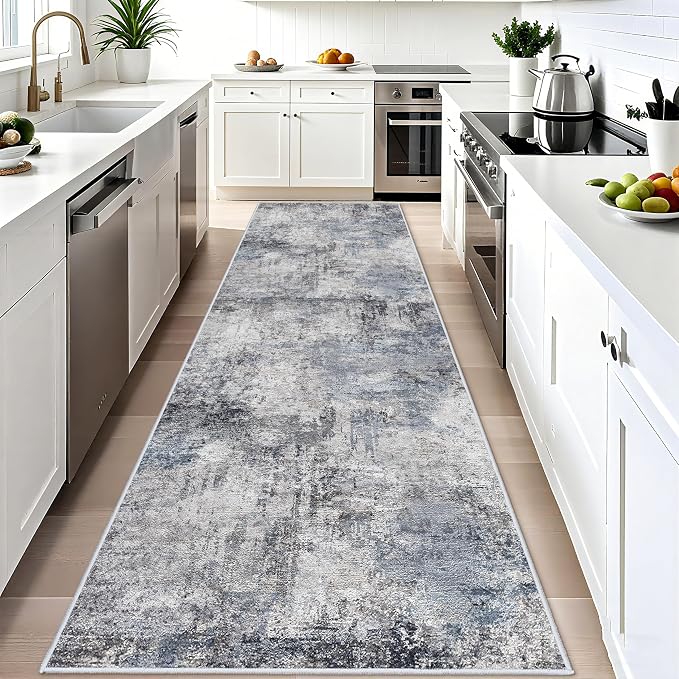 Washable Wide Runner Rug 4x12 - Living Room Abstract Runner Rugs Soft Low Pile Indoor Carpet for Bedroom Kitchen Non Slip Backing Stain Resistant Distressed Floor Decor Machine Washable Mat 4x12 Blue