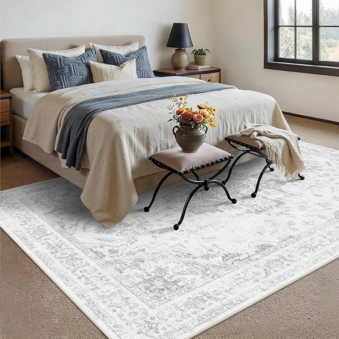 6x9 Vintage Washable Area Rugs Boho Medallion Large Distressed Retro Accent Carpet Floral Non-Slip Soft Low Pile Indoor Throw Rug for Living Room Bedroom Dining Room Office Kitchen, Gray