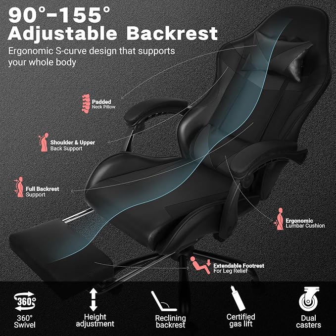 Gaming Chair with Footrest and Lumbar Support, Height Adjustable Chair with 360°Office Desk Chair,Heavy Duty 330lbs Computer Chair for Adults