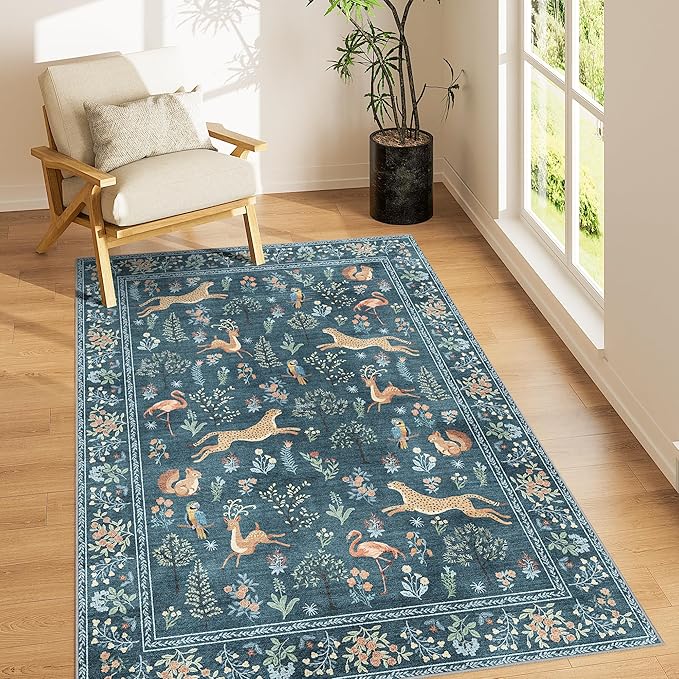 DUKINO 3x5 Rug, Washable Animal Area Rug with Non Slip Vintage Design, Indoor Soft Low Pile Carpet for Bedroom, Nursery, Dining Room, Farmhouse, Playroom, Blue