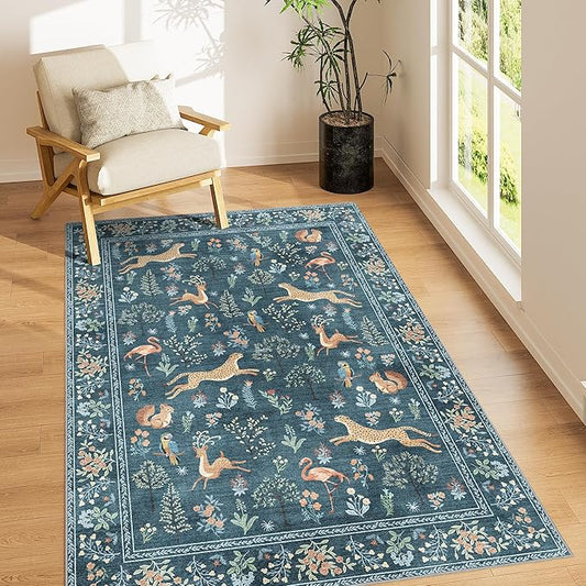 DUKINO 3x5 Rug, Washable Animal Area Rug with Non Slip Vintage Design, Indoor Soft Low Pile Carpet for Bedroom, Nursery, Dining Room, Farmhouse, Playroom, Blue