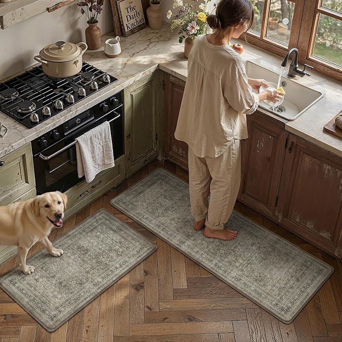 2-Piece Brown Vintage Kitchen Mat Set | Wider, Washable, Anti Fatigue, Non Slip, Soft, Vintage, Floral, Distressed, Farmhouse, for Sink Entryway Bathroom Laundry