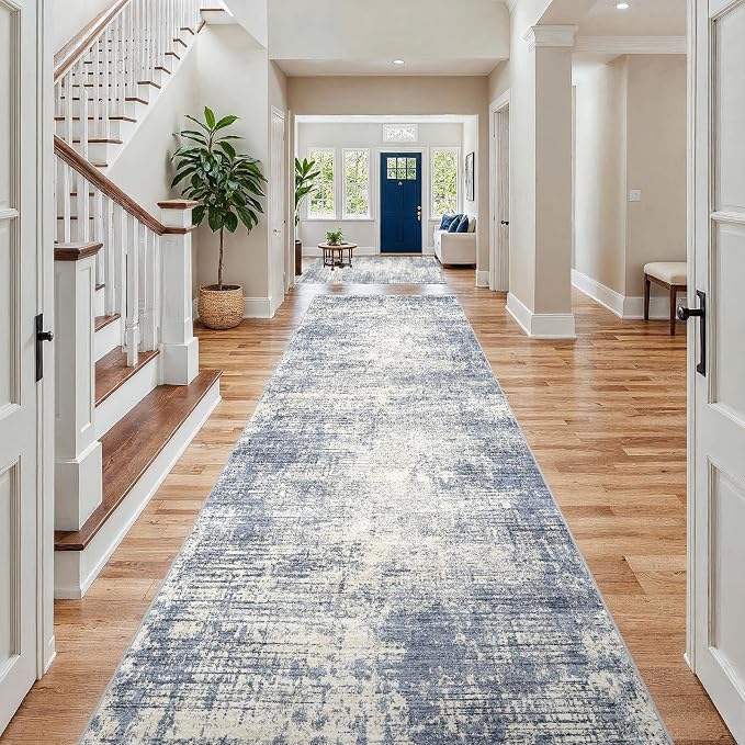 4x12 Hallway Washable Runner Rug - Non-Slip Kitchen Rugs with Rubber Backing Abstract Neutral Low-Pile Carpet Runners for Laundry Room Home Decor Bedroom Bathroom Entryway (Blue Gray,4x12)