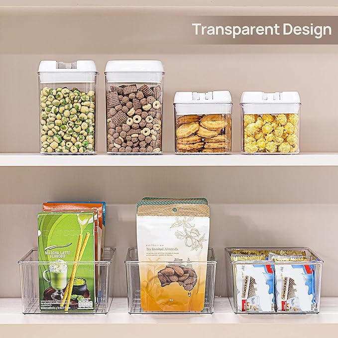 Vtopmart 4 Pack Food Storage Organizer Bins, Clear Plastic, 4 Compartments | For Pantry, Kitchen, Fridge and Cabinet Organization, Organize Food Packets, Snacks, Pouches and Spice Packets