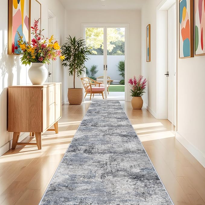 RUUGME Washable 3x25 Runner Rug - Living Room Abstract Rugs Soft Indoor Low Pile Carpet for Bedroom Kitchen Non Slip Backing Stain Resistant Distressed Floor Decor Machine Washable Mat 3x25 Blue