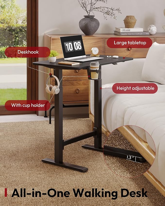 SANODESK Mobile Workstation Standing Desk with Gas-Spring Lift, Rolling Desk 32x20''Adjustable Height, One-Piece Desktop Workstation，Walking Pad & Treadmill Compatible, Portable Home Office