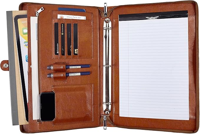 Vegan Leather Portfolio Binder, 3 Ring Binder Padfolio, Brown Leather Binder Portfolio with Zipper, Handmade Portfolio Oranizer, Personalized Portfolio Folder for Lefty & Righty (Brown, Non-Custom)
