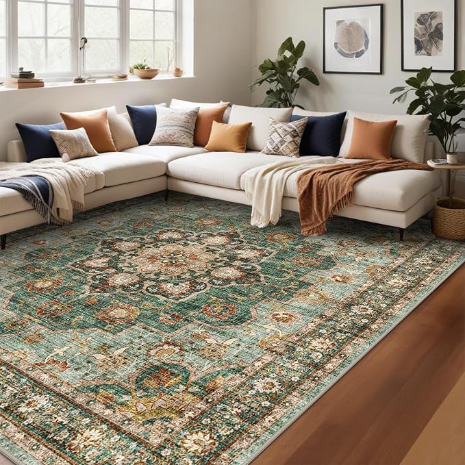 TOPRUUG Washable Oriental Area Rug - 12x12 Rugs for Living Room Soft Carpet for Bedroom Waterproof Floral Distressed Indoor Stain Resistant Non-Shedding Floor Carpets (Green, 12x12)