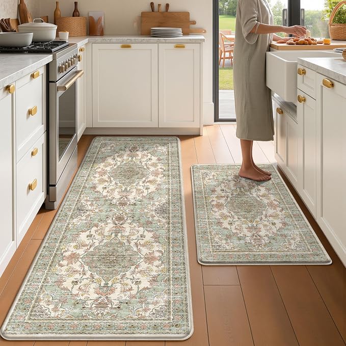 Boho Kitchen Mats for Floor 2 Piece Set Anti Fatigue Cushioned PVC Kitchen Rugs Non Slip Waterproof Farmhouse Mats 2/5 Inch Comfort Standing Mat for Laundry, 23.6"x39"+23.6"x59", Green Orange Beige