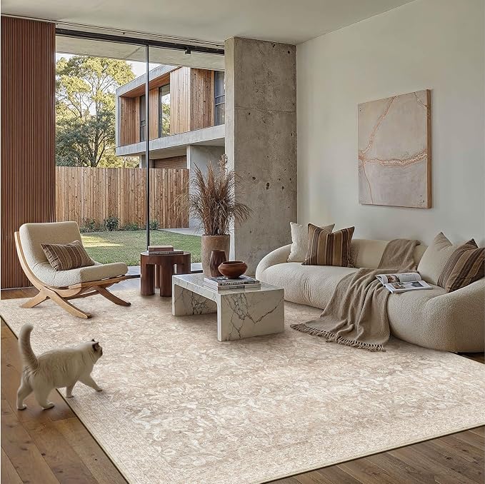 PureCozy Area Rug 9x12 Beige Machine Washable Non-Slip Vintage Low Plie Thin Living Room Bedroom Dining Room Distressed Carpet Indoor Large Home Office Retro Rug