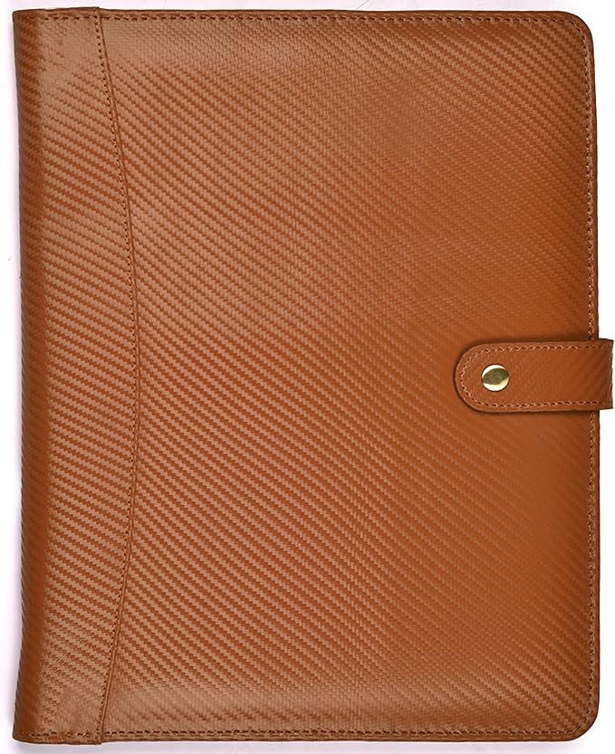 LEATHER VILLAGE Portfolio Professional Organizer – Carbon Fiber Genuine Leather Padfolio Resume Folder for A4 Letter Pad with Pen Holder, Business Card Slots & Writing Pad – Ideal for Men & Women-Tan