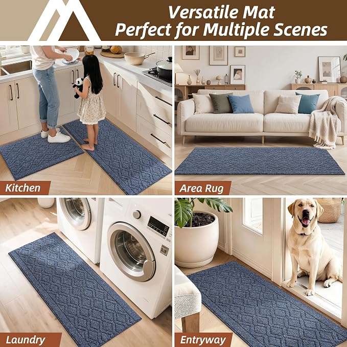 COSY HOMEER Kitchen Rugs Sets 2PCS,Non-Slip Washable Kitchen Mats for Floor,Absorbent and Stain Resistant Kitchen Runner Rugs for Kitchen Sink Laundry Entryway,24"x35"+24"x60",Heather Blue