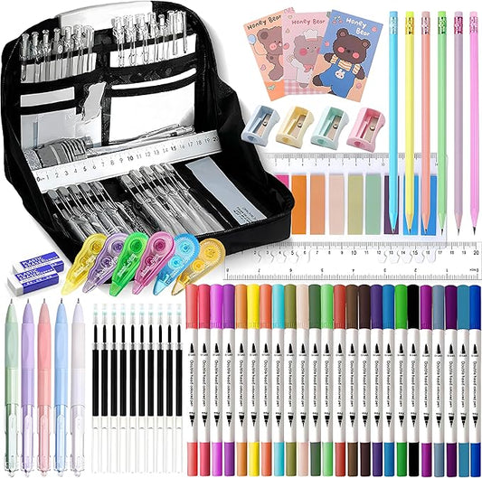 Ristpal 56 PCS Aesthetic School Supplies with Large Pencil Case, 24 Double Brush Marker Pens, 5 Black Ink Gel Pens, 6 Macaron Pencils, 4 Sharpeners, Sticky Notes, Ruler, Erasers, Stationery Gift