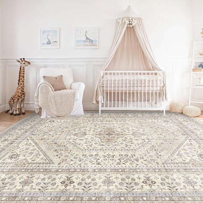 10x12 Area Rug for Living Room: Large Washable Oriental Rugs for Bedroom Non Slip Backing Stain Resistant Indoor Soft Floor Carpet for Dining Table Nursey Dorm Kitchen Low Pile Beige/Gray