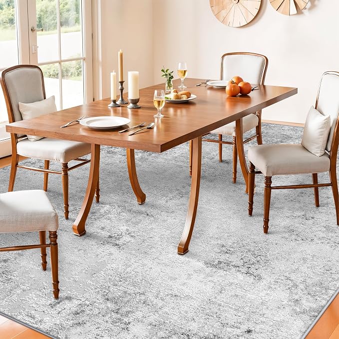 8x8 Square Area Rug Living Room: Abstract Washable Non-Slip Stain Resistant Rugs Low Pile Indoor Carpet for Dining Room Bedroom Office - Soft Throw Floor Mat for Modern Home Decor (8ft Square Grey)