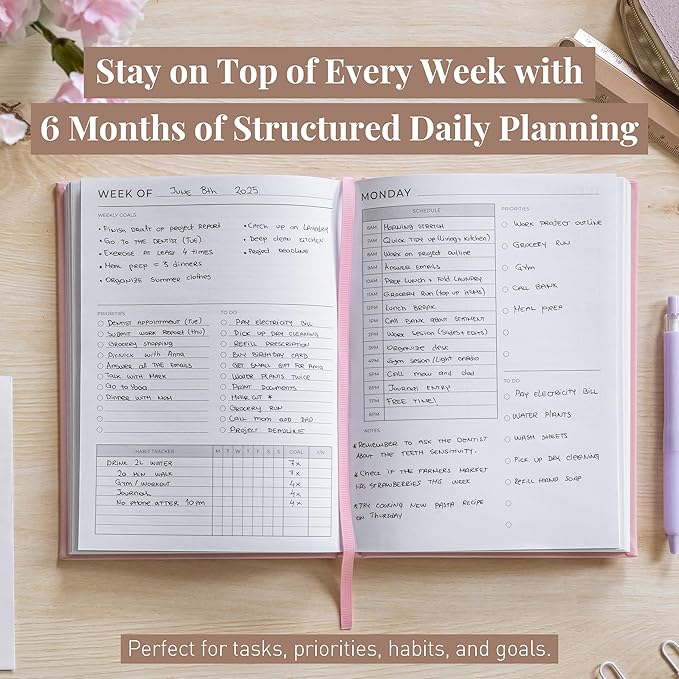 Rileys & Co Undated Daily Planner 8 x 6 in, Day Schedule Planner & Agenda Book, Journal with Goal & Habit Tracker, No Dates Dateless Annual Organizer for Work, School & Home - Pink