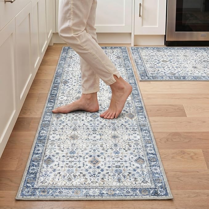 GENIMO Kitchen Rug Sets of 2, Non-Slip Washable Low-Pile Kitchen Mats for Floor, Waterproof Kitchen Runner Rug, for Hallway, Laundry, Sink, Entryway, Bathroom, 20"x32"+20"x48", Light Blue
