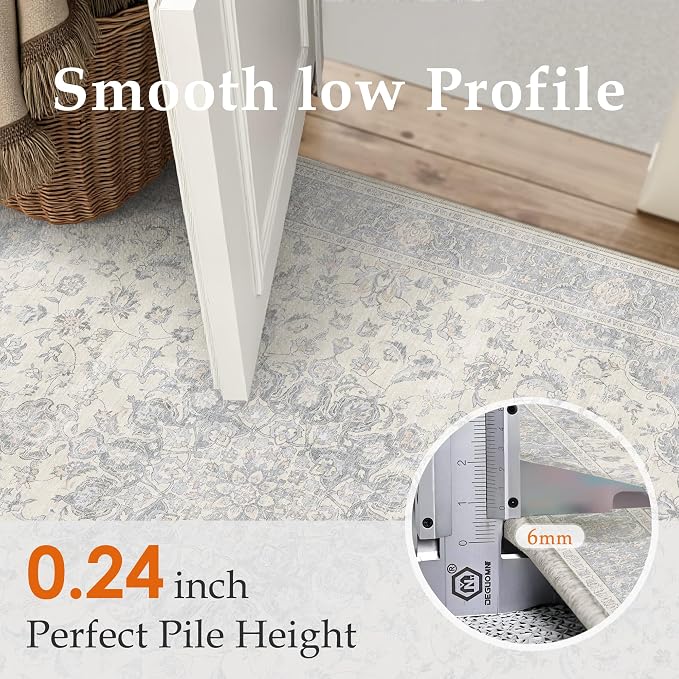 PureCozy 9x12 Area Rug Washable Neutral Gray Blue Vintage Living Room Bedroom Carpet Non Slip Low Pile Soft Floral Indoor Large Grey Throw Rug for Dining Room