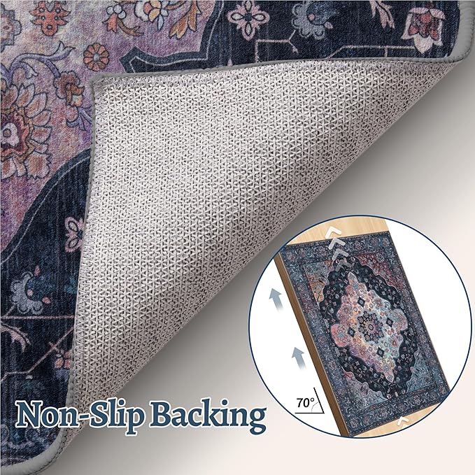 Tangsoo 5x7 Area Rug Washable Rug for Living Room, Vintage Indoor Non Slip Large Area Rugs, Print Distressed Navy/Multi Carpet, Soft Low Pile Rug Foldable for Bedroom Dining Room Dorm