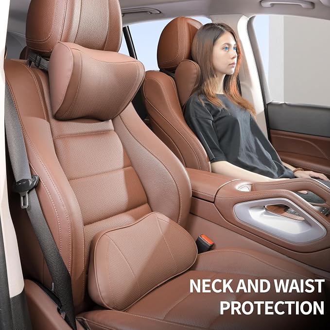Car Lumbar Support Pillow for Driving Seat, Brown, 1 Pack | Leather Memory Foam Lumbar Cushion for Lower Back Pain Relief, Universal Back Support for Driving, Home & Office Chairs