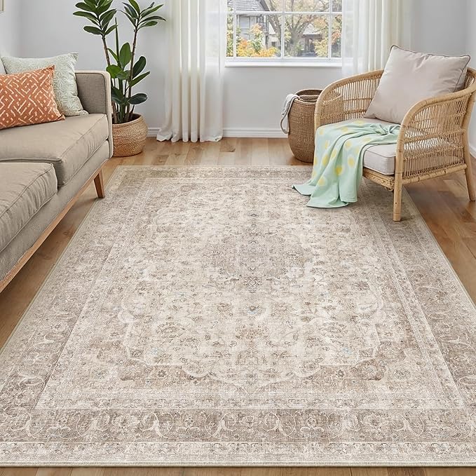PureCozy Beige Area Rug 4x5 Washable Office Entryway Vintage Carpet Low Pile Non Slip Distressed Door Mat Soft Traditional Retro Oriental Small Accent Throw Rug Kitchen Bedroom Bathroom Dining Room