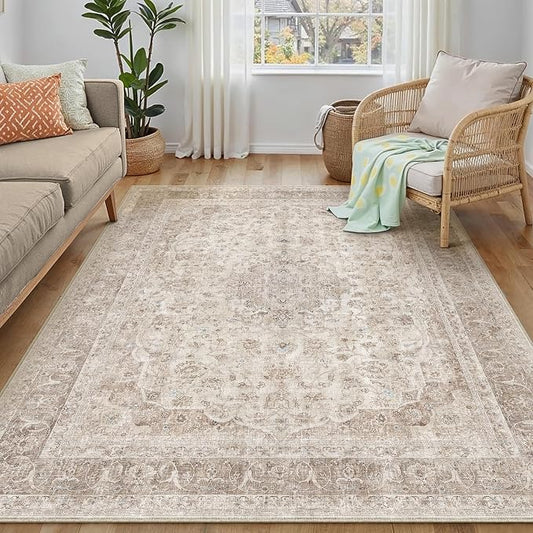 PureCozy Beige Area Rug 4x5 Washable Office Entryway Vintage Carpet Low Pile Non Slip Distressed Door Mat Soft Traditional Retro Oriental Small Accent Throw Rug Kitchen Bedroom Bathroom Dining Room