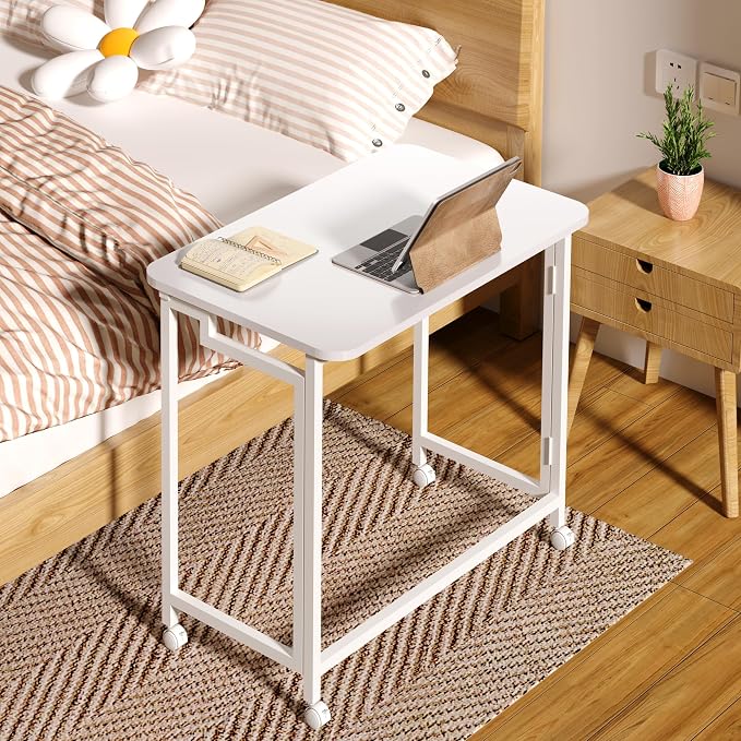4NM 23.6" Mobile Small Rolling Computer Desk, Folding Laptop Cart Table with Wheels, Portable Office Desk for Small Space Couch Bed - All White