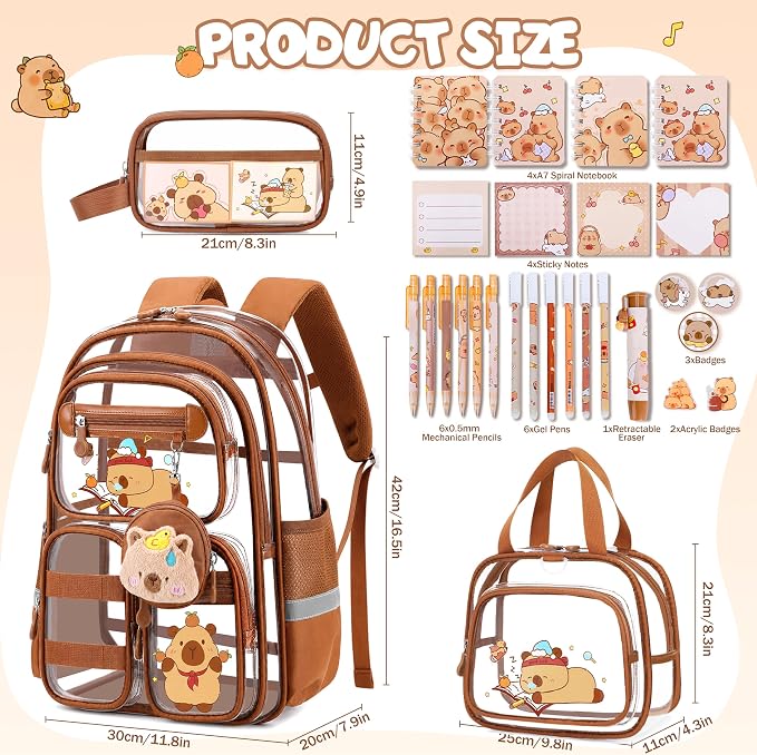 Capybara Theme Clear Backpack, 28Pcs School Supplies Stationery Transparent Backpack Set with Lunch Box Pencil Case Pens Notebooks for Kids Girls Elementary Middle School Stadium Approved