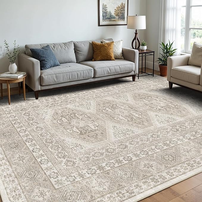 Washable Living Room Area Rug: 9x12 Large Super Soft Vintage Rugs Bedroom Oriental Indoor Rug Water Resistant Ultra Thin Carpet Non-Slip Backing Distressed Rugs for Kitchen (Beige, 9x12)