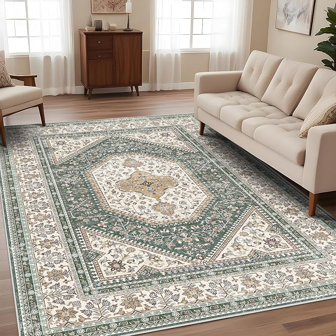 Puino 9x12 Washable Vintage Rug: Oriental Rugs for Living Room Non Slip Backing Stain Resistant Large Indoor Carpet for Bedroom Area Rug Dining Room Decor(Green,9x12FT)
