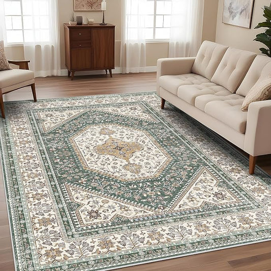 Puino 9x12 Washable Vintage Rug: Oriental Rugs for Living Room Non Slip Backing Stain Resistant Large Indoor Carpet for Bedroom Area Rug Dining Room Decor(Green,9x12FT)