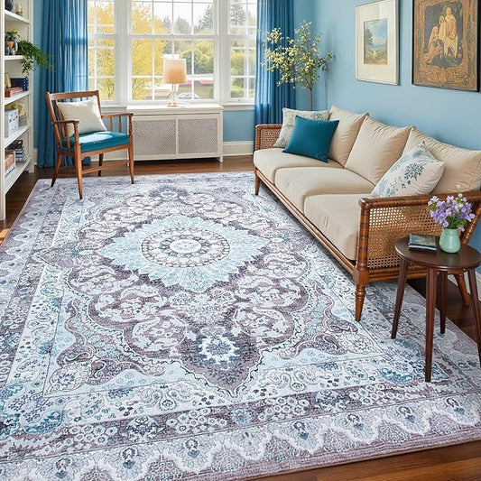 Macgace 6x9 Area Rug for Bedroom, Machine Washable Rugs with Non-Slip Backing for Living Room, Large Vintage Carpet Kitchen Laundry Kids Room Decor, Blue & Brown