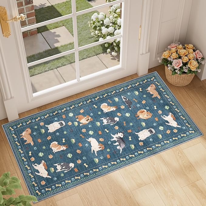DUKINO 2x4 Runner Rug for Entryway, Animal Dog Print Washable Kitchen Rug with Non Slip, Low Pile Indoor Door Mat Non Shedding Small Throw Carpet Runner for Hallway, Bathroom, Laundry, Bedroom, Blue