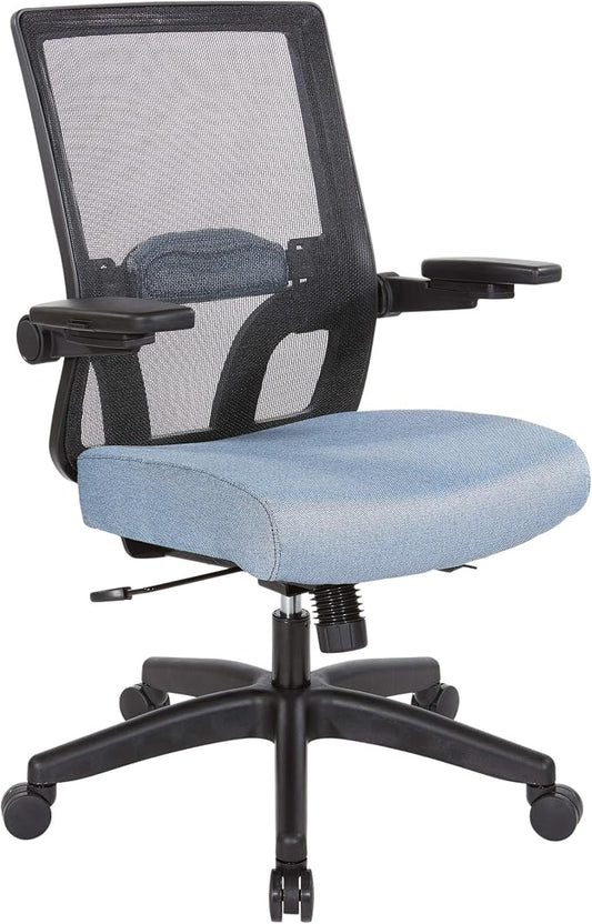 Space Seating 867 Series Adjustable Manager's Chair with Breathable Mesh Back, Lumbar Support and Padded Flip Arms, Blue Fabric Seat with Black Nylon Base