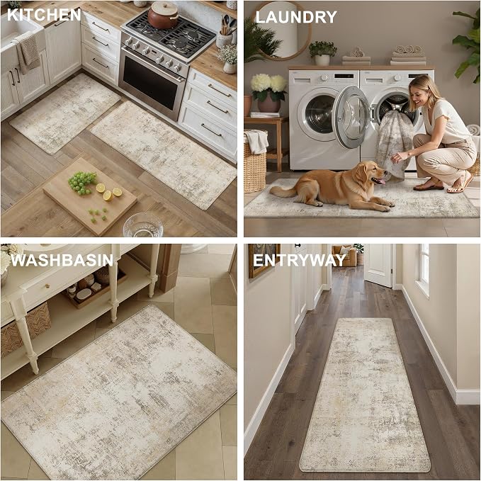 Kitchen Mats for Floor Set of 2 Anti Fatigue Waterproof Kitchen Rug Beige Grey Abstract Cushioned Non-Slip Kitchen Mats Comfort Standing Neutral Mat for Sink Laundry Office 17.3"×47"+17.3"×30"